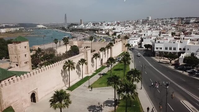 Scenic drone shot capturing the historic Almohad walls of Rabat. Features the fortified ramparts, palm-lined avenues, and the Bou Regreg riverfront in the background.