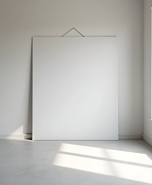 Blank white canvas on floor leaning against wall in minimalist room with window light