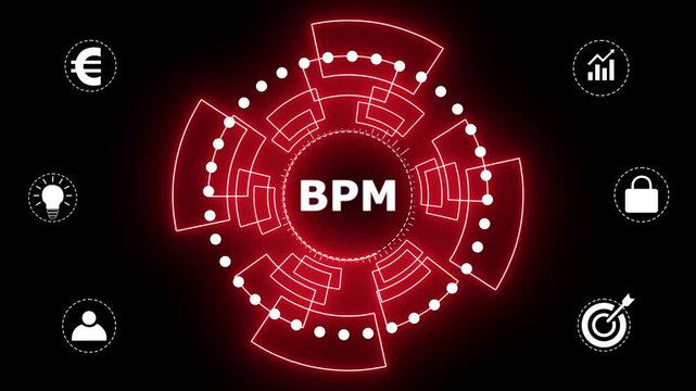 BPM Business process management system technology concept animation on black background.