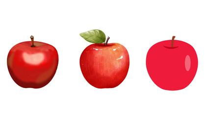 Three vibrant red apples, each showcasing unique textures and shades of red, with one featuring a fresh green leaf