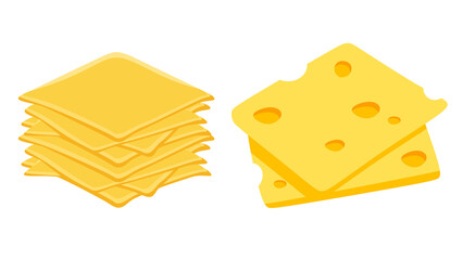 Slices of yellow cheese, one stack plain and the other with holes, isolated on a white background