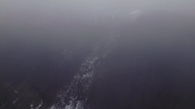 Aerial perspective moving through thick fog over a bare, deciduous forest with remnants of snow. Ideal for climate change or winter transition visuals.