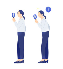 虫眼鏡で「探す」と「見つける」調査・確認・発見の流れを表現した女性ビジネスパーソンのセット素材。