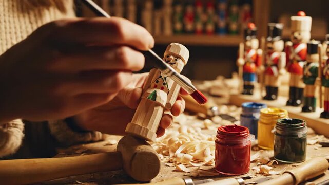 Artisan meticulously carves and paints wooden nutcracker figures by hand.