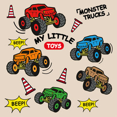cartoon monster trucks seamless pattern automobile illustration car