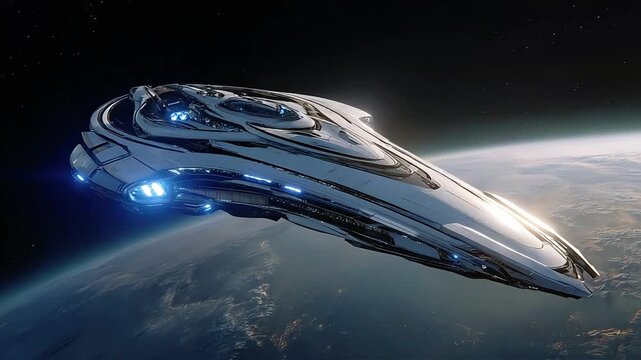 A sleek spaceship glides over Earth, evoking wonder and exploration. Perfect for science fiction themes and futuristic concepts.