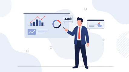 Fototapeta premium Businessman presenting financial report with charts on screen