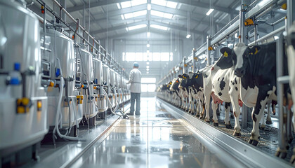 Fototapeta premium Modern Automated Dairy Farm with Robotic Milking System and Holstein Cows