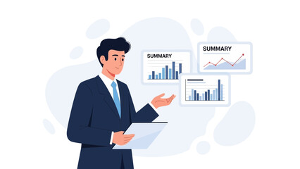 Businessman presenting financial data and charts on screens, business analysis concept
