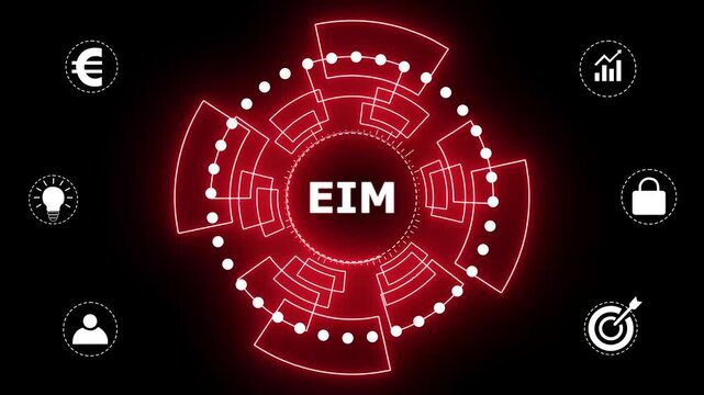 EIM Business, technology, Internet and network concept. glowing animation on black background. 4k motion graphics video.