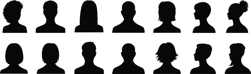 Collection of diverse men and women head silhouette avatars, profile portraits set isolated on white background, modern people icons © MdMosraful