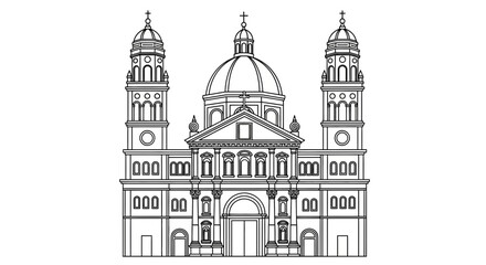 Architectural Drawing of a Grand Cathedral with Domes and Towers