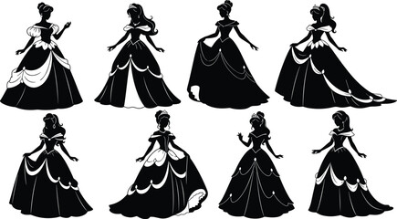 Beautiful princess silhouette collection, royal girls wearing elegant ball gowns and tiaras, fairy tale vector characters isolated, 18 words