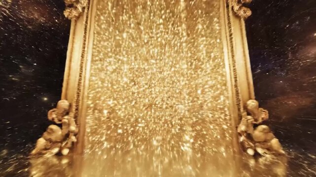 A journey through a golden particle wormhole towards a magic mirror.