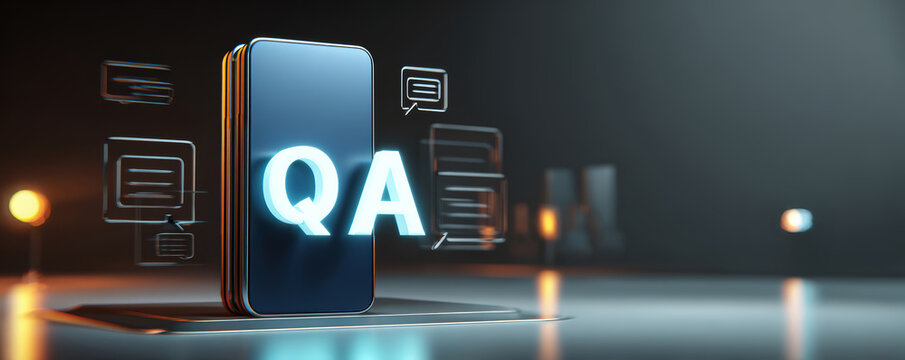 Modern smartphone qa question answer mobile app chat bubble technology neon light dark background digital interface glow effect Modern smartphone