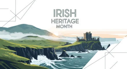 Gordijnen Olijfgroen Illustration of a scenic Irish landscape with a castle on a cliffside, celebrating Irish Heritage Month with a vector graphic design.  © Fasuga
