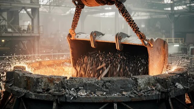 Stationary bucket holding mixed scrap steel poised over furnace shell detailed textures captured in focus against a softly blurred factory backdrop.