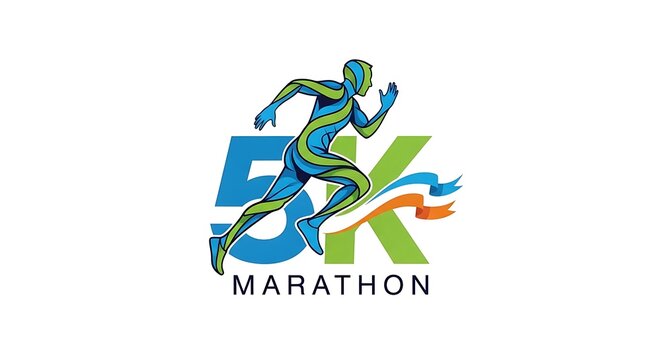 Running figure in motion 5 k marathon logo design on white background