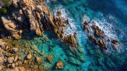 Top down aerial view of rugged coastal rocks surrounded by clear turquoise sea water and gentle waves.