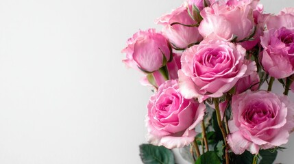 Fototapeta premium Close up of blooming pink roses arranged in bouquet against soft neutral background, symbolizing love and romance.