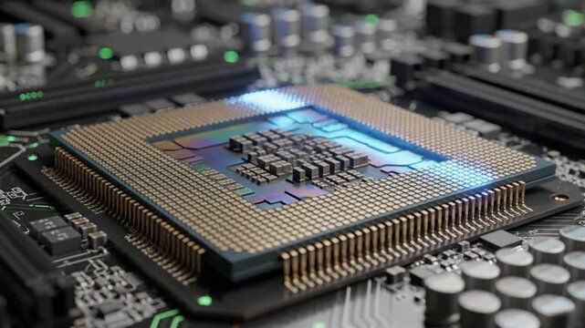Macro Closeup of Futuristic Computer Processor Chip on Circuit Board