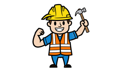 Cartoon construction worker character with helmet and tool in hand