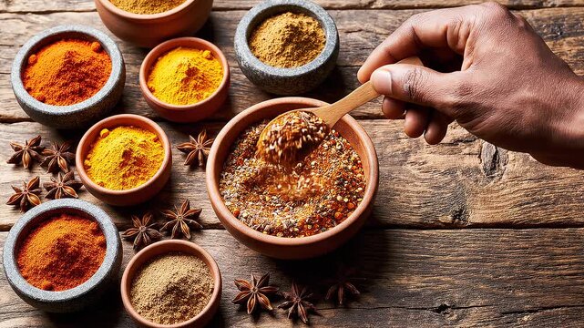 Top view of a hand mixing colorful aromatic spices in small bowls on a rustic wooden table with star anise