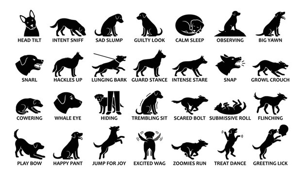 Dog body language icon set featuring 28 flat vector pictograms for professional canine behavior training and pet education.
