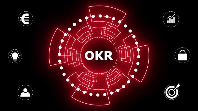 OKR Business, technology, Internet and network concept. glowing animation on black background. 4k motion graphics video.