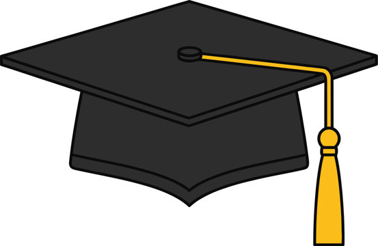 Black graduation mortarboard cap with a yellow tassel rests isolated against a pure white background symbolizing academic achievement.