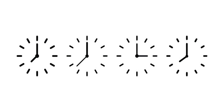 Four simple black and white clock icons showing different times on white background
