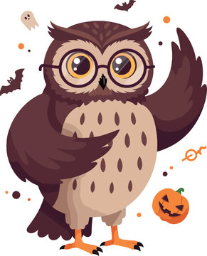 Cute Pixel Owl With Glasses and Halloween Pumpkin and Bats Vector