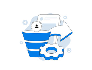 Fototapeta premium User acquisition funnel, mobile app onboarding process with profile and settings gear, digital marketing conversion analytics for SaaS startup 2026 UI, flat modern infographic vector illustration