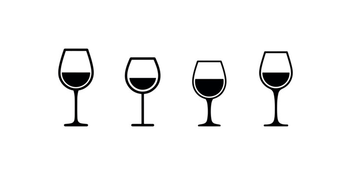Wine glass icon set featuring four different stemware silhouettes with liquid for restaurant menu design and winery branding projects in minimalist style