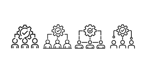 Icon set showing team management with gear and check mark symbols representing successful business collaboration project execution and leadership strategy