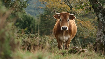 Fototapeta premium Front view of a brown cow standing in a green forest meadow surrounded by trees and soft autumn foliage in a peaceful rural landscape.