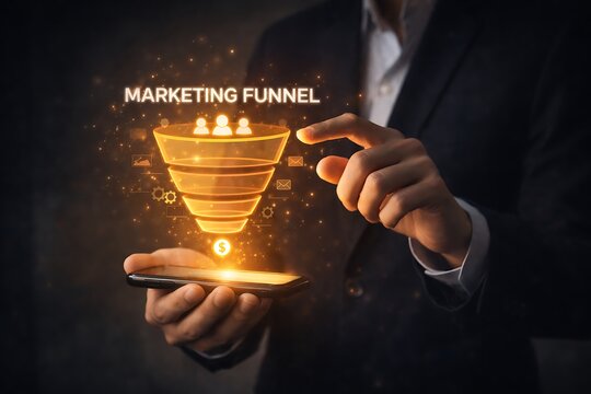 Businessman interacting with a glowing marketing funnel hologram on smartphone 