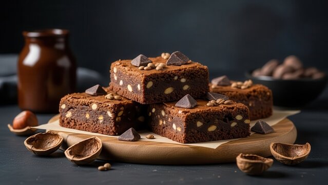 Delicious homemade chocolate brownies stacked on a wooden board with nuts and chocolate pieces, dark moody food photography setting with blurred background elements