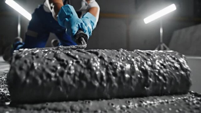 Detailed professional technician meticulously spreading sleek gray epoxy resin coating onto an industrial concrete floor surface during a renovation project.