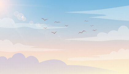 Obraz premium Birds fly in serene sky with clouds at sunrise