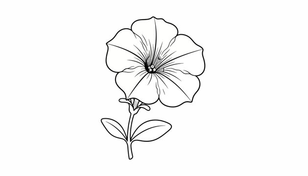 Petunia Flower Outline Drawing, Single Bloom with Leaves and Stem, Black and White Line Art