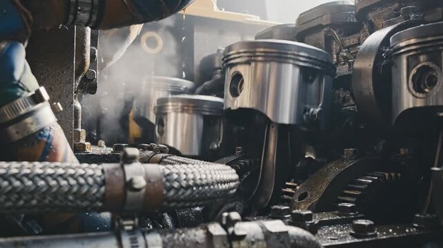 Cinematic Slow Motion Close Up of Heavy Industrial Machinery Engine Pistons Moving with Powerful Mechanical Precision in Detailed Macro View