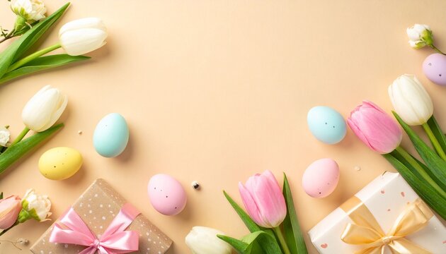 Happy easter spring holiday background with colorful pastel eggs and spring blossom flowers. Minimal festive flat lay 