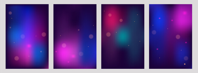 Obraz premium Abstract neon gradient background set. Four vertical banners with dark blue and purple blurred light effects, bokeh and futuristic style. Ideal for digital presentation and poster design.