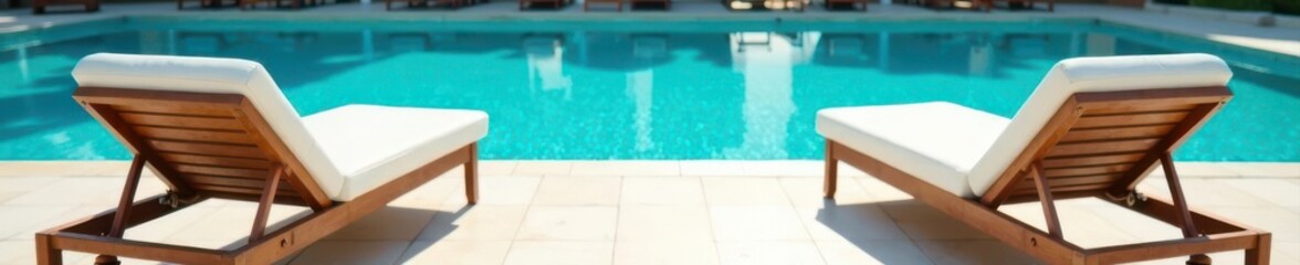 Empty, pristine poolside lounge chairs near a shimmering pool,  leisure,  chairs