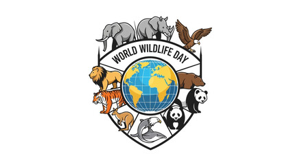 Vector illustration of World Wildlife Day logo with various animals and globe on a shield, symbolizing wildlife conservation and biodiversity preservation.