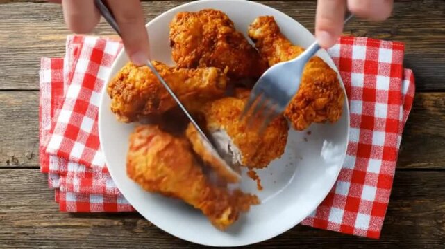 An inviting overhead view captures hands cutting into a steaming, golden-brown piece of crispy fried poultry. A generous plate of freshly cooked, deep-fried portions rests on a white plate, set agains