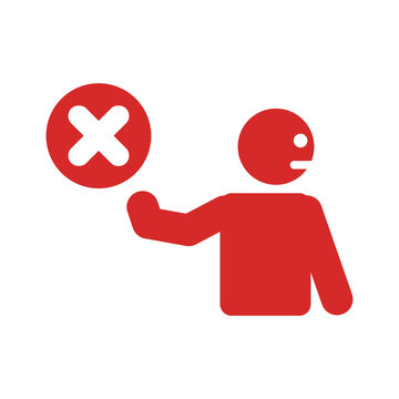 A person holding a red cross sign with a disgusted expression.