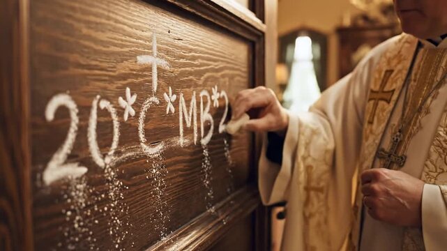 Cinematic epiphany door blessing ritual using sacred chalk in a traditional christian ceremony depicting spiritual entrance consecration and religious faith protection practices.