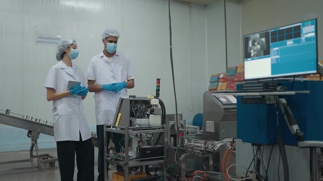 Canned food manufacturing industry, two quality control officers inspecting the operation of an automated conveyor machine on the production line
